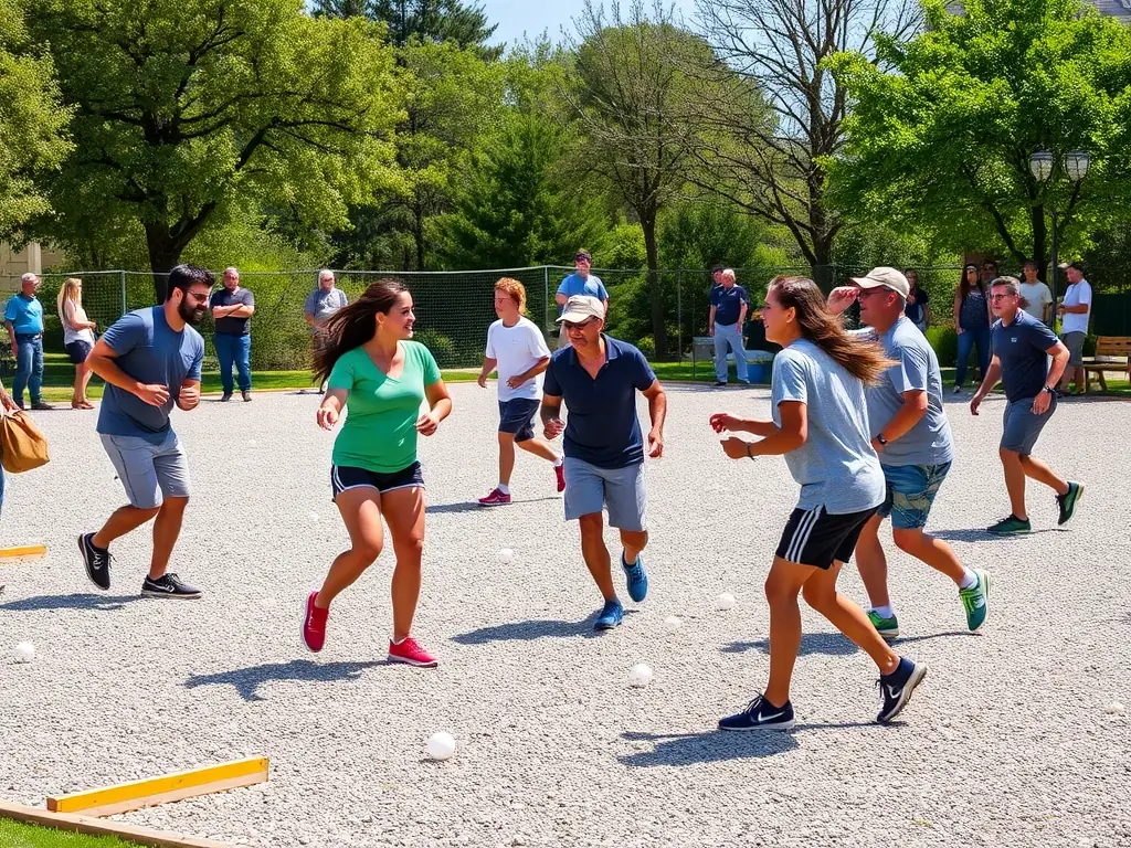 A lively image of players competing in a pétanque tournament on a sunny day at the club's outdoor courts, showcasing the excitement and camaraderie of the event.
