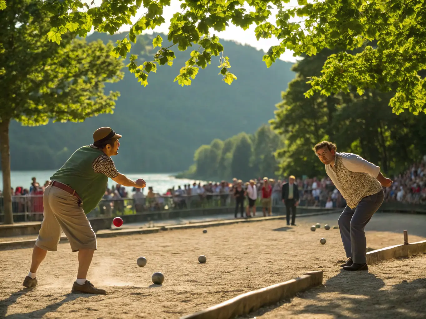A vibrant image capturing the excitement of a pétanque competition at CLUB DU 15 AOUT, with players focused and boules flying through the air.